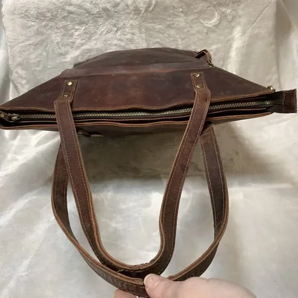 NEW MH 100% Genuine Leather Distressed Brown Large Tote Laptop Bag Purse - Picture 9 of 16